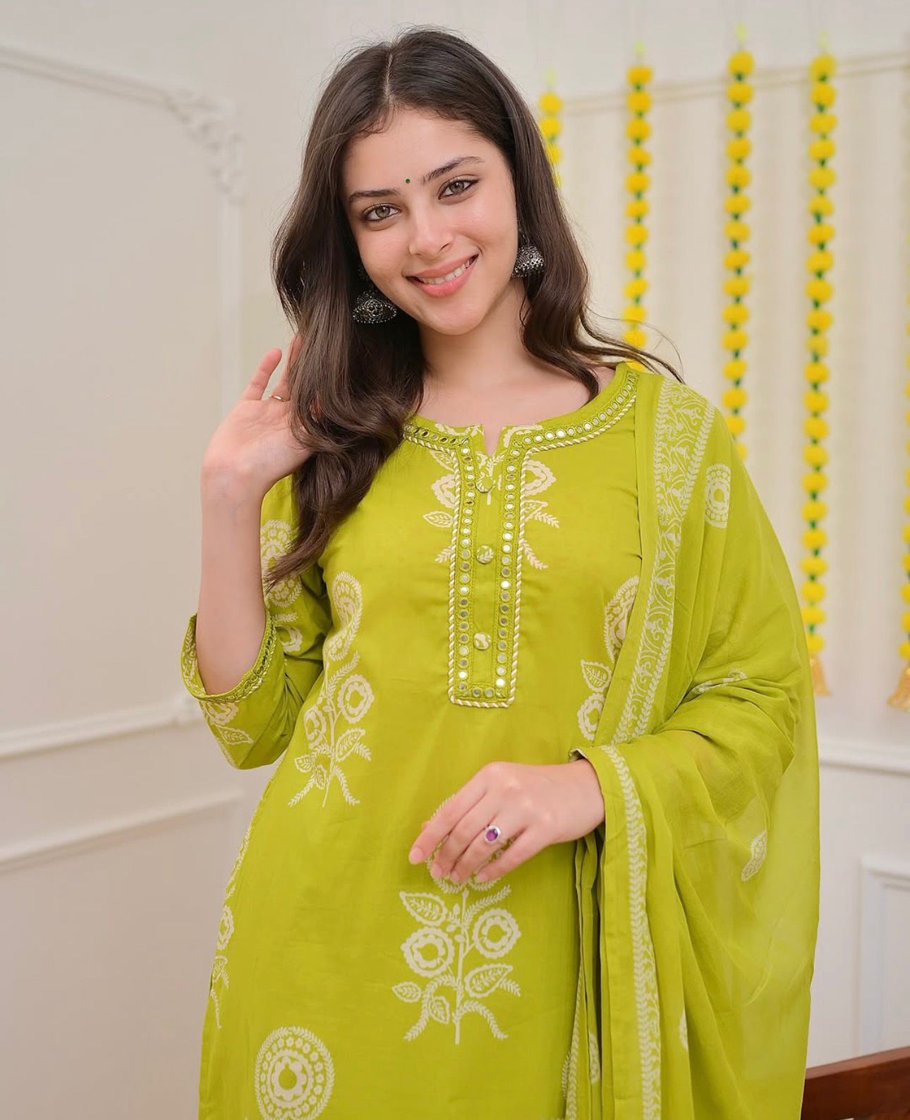 Lime Green Printed Cotton Kurta Set with Dupatta