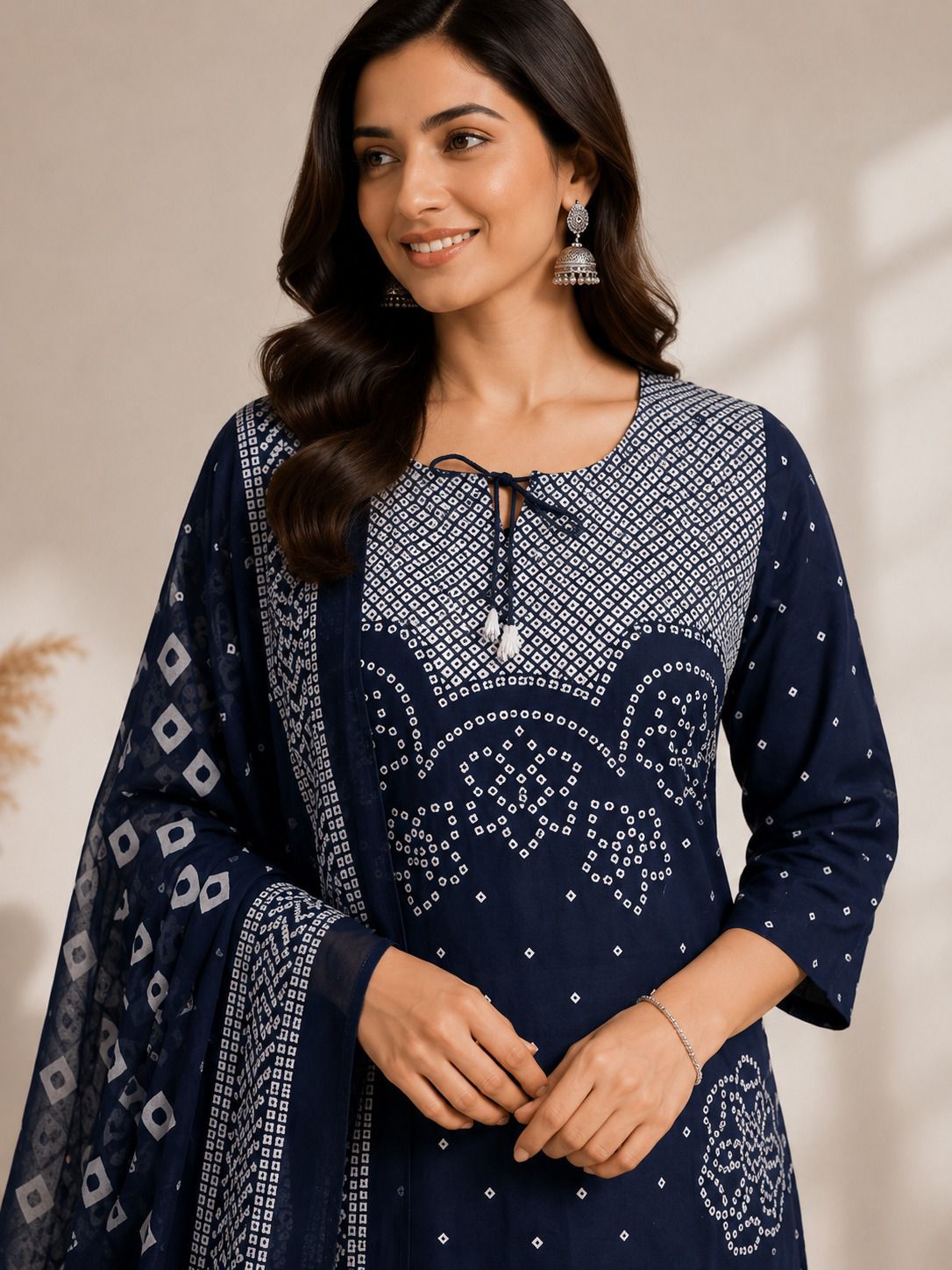 Elegant Navy Blue Bandhani Kurta Set with Dupatta