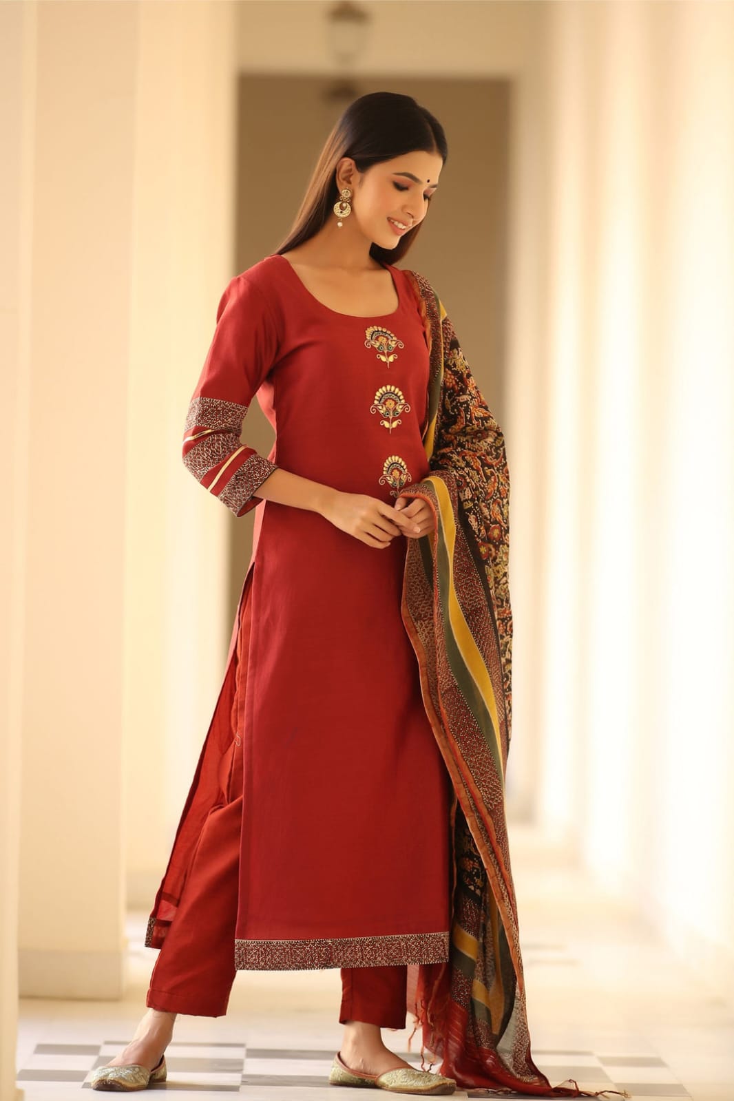 Maroon Kurta Set with Embroidered Motifs & Printed Dupatta