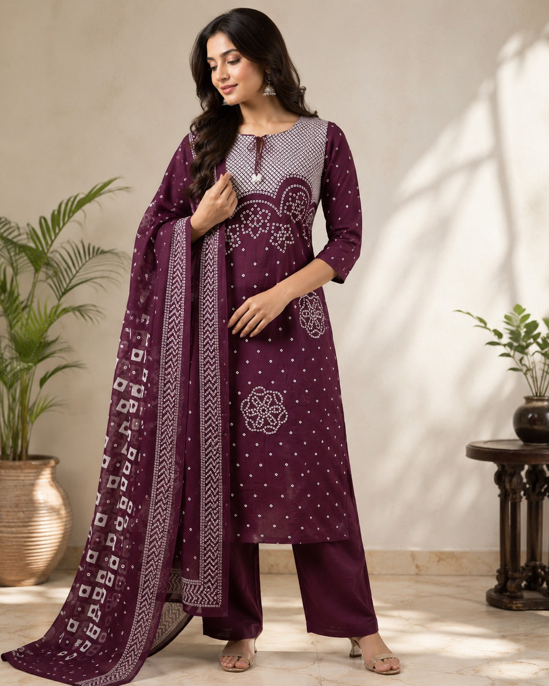 Royal Wine Bandhani Kurta Set with Dupatta