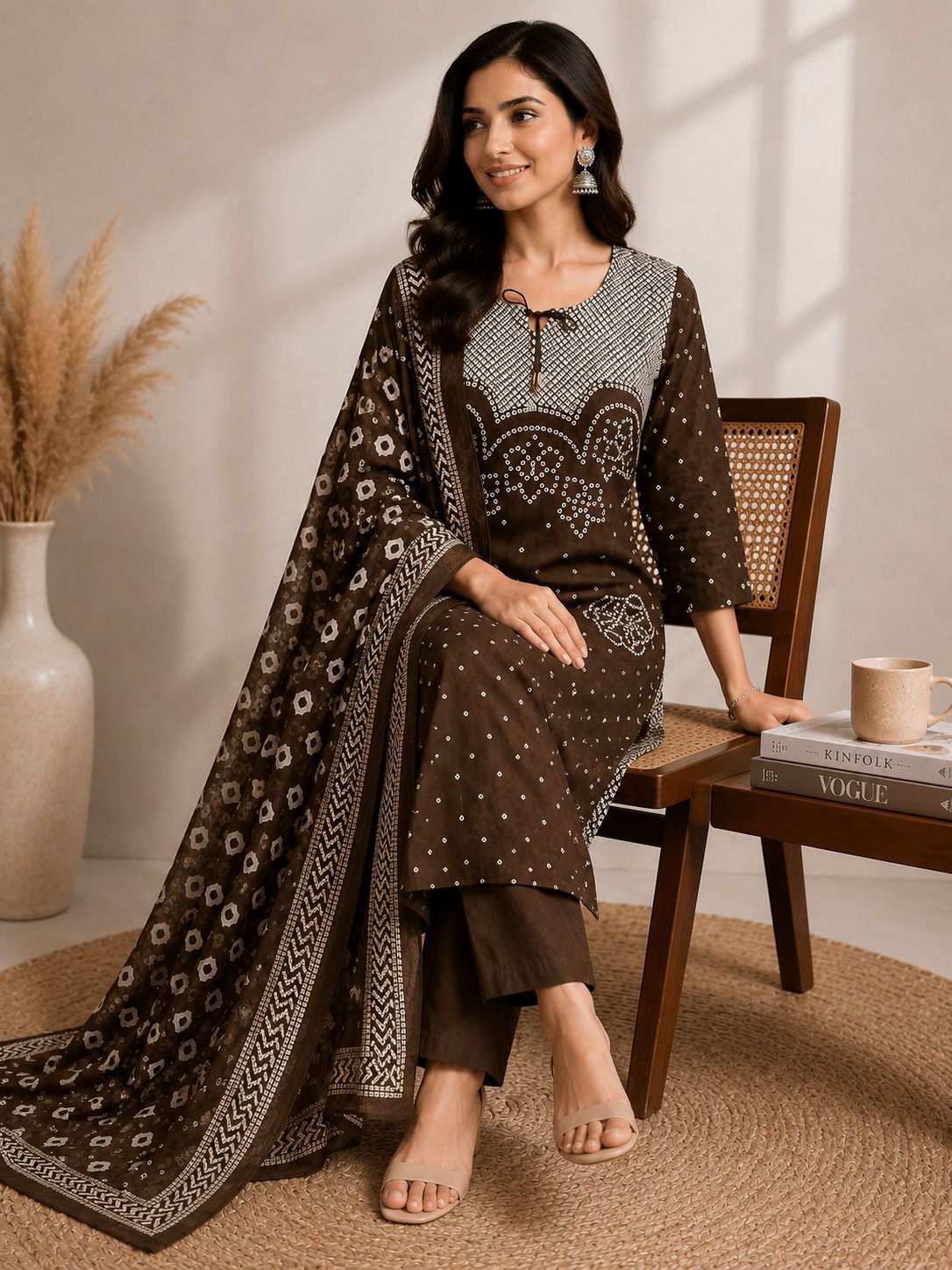 Classic Coffee Brown Bandhani Kurta Set with Dupatta