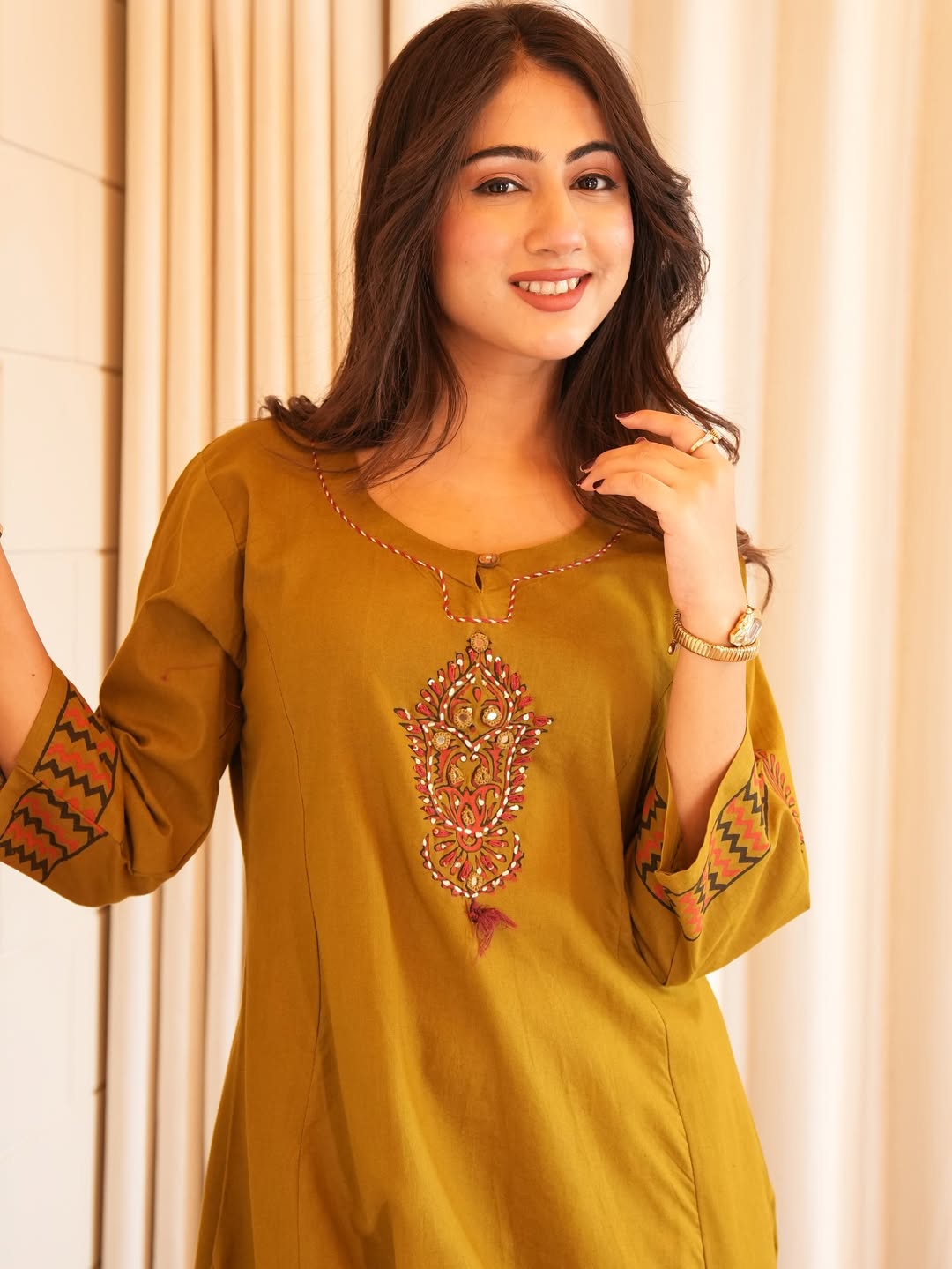 Mustard Yellow Kurta Set with Embroidered Yoke & Printed Dupatta
